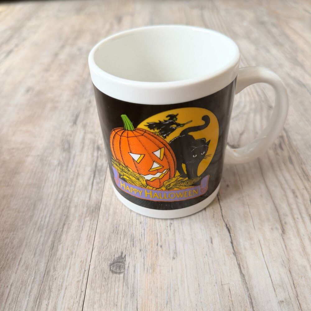 Vintage Halloween Black Cat Jack O Lantern Mug Happy Halloween Witch Pumpkin Cup
